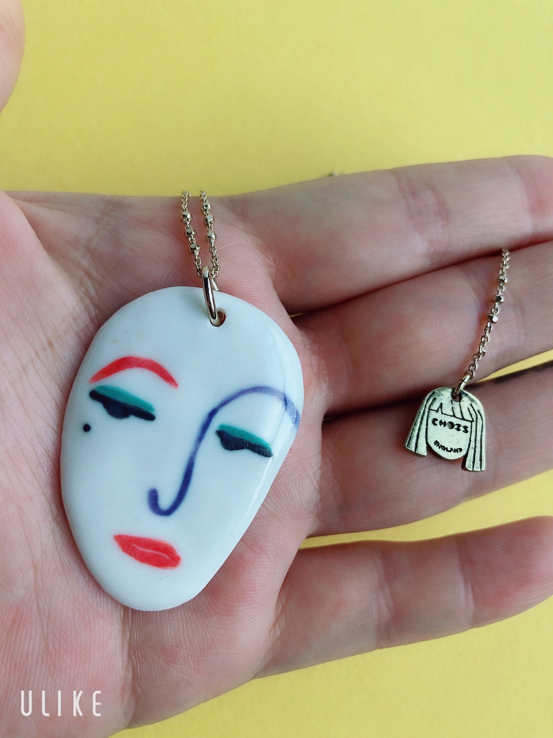 Colourful face pendant necklace in gold tone Etsy