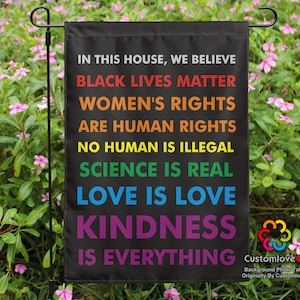 In This House We Believe Black Lives Matter Garden House Double Sided Flag Home Yard Lawn Patio Outdoor Polyester Banner UV-Resist BLM LGBT