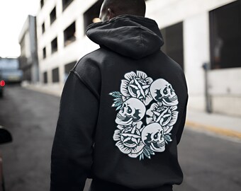 SKULLS N ROSES HOODIE - Skull Hoodie - Skull And Roses Design - Gift For Him - Gift For Her