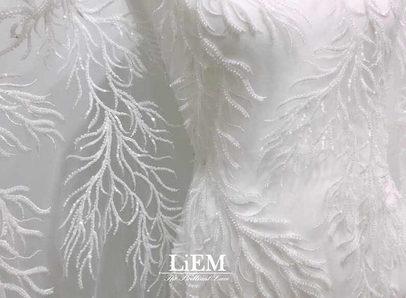 High-end Embroidery lace, Ivory sequins embroidery lace for wedding and Evening dress, Bridal lace fabric, By the Half Yard image 7