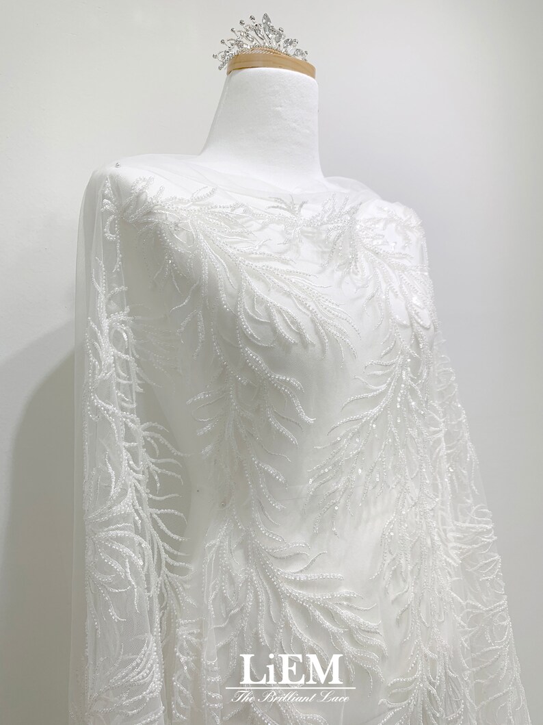 High-end Embroidery lace, Ivory sequins embroidery lace for wedding and Evening dress, Bridal lace fabric, By the Half Yard image 2
