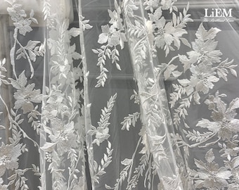 Ivory Floral Embroidery Lace Fabric, Bridal Wedding Dress