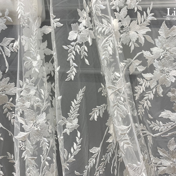 Ivory Floral  embroidery lace fabric for Wedding and Evening dress, Romantic bridal lace, High quality embroidery lace