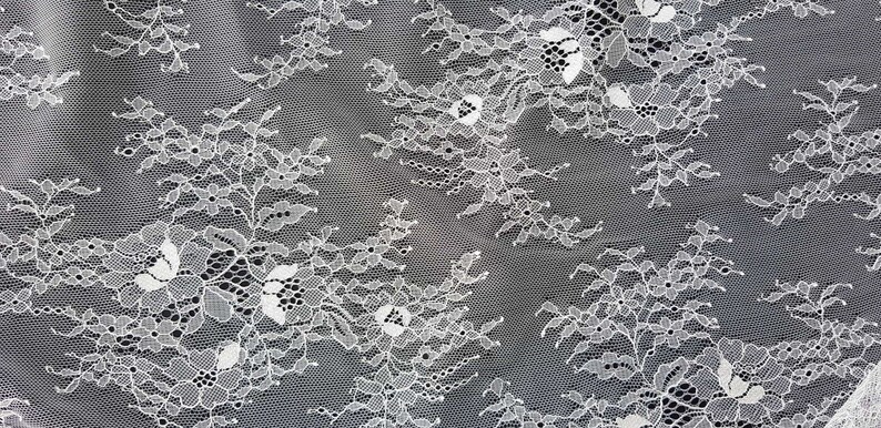 May include: White lace fabric with a delicate floral pattern. The lace has a fine mesh texture and features intricate details.