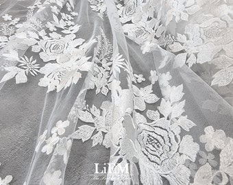 Tela de encaje con bordado floral color marfil para vestidos de boda y de noche, encaje nupcial romántico, encaje bordado de alta calidad.
