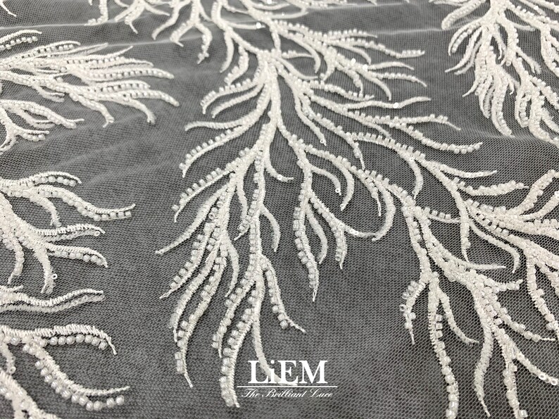 High-end Embroidery lace, Ivory sequins embroidery lace for wedding and Evening dress, Bridal lace fabric, By the Half Yard image 10