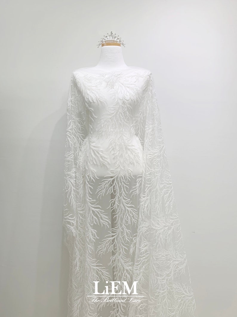 High-end Embroidery lace, Ivory sequins embroidery lace for wedding and Evening dress, Bridal lace fabric, By the Half Yard image 6