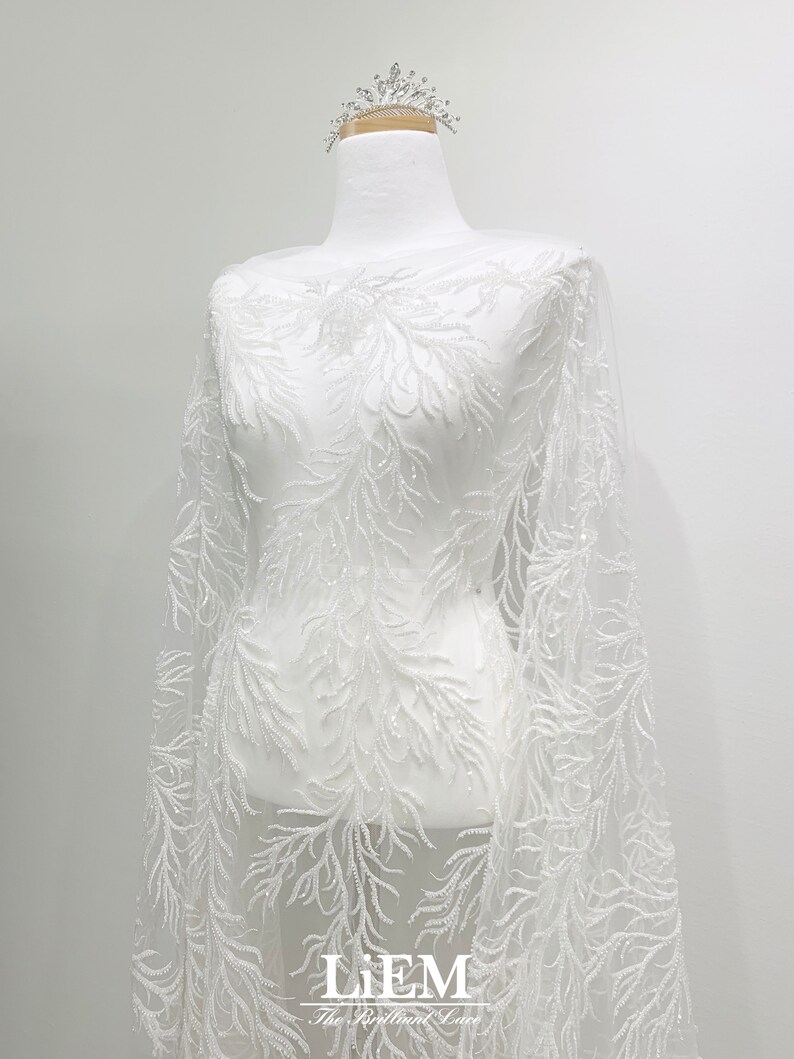 High-end Embroidery lace, Ivory sequins embroidery lace for wedding and Evening dress, Bridal lace fabric, By the Half Yard image 4