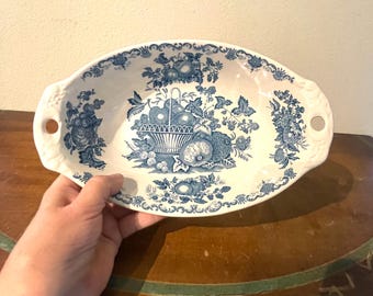 Vintage Mason's Patent Ironstone "Fruit Basket" blauwe ovale groente serveerschaal met handgrepen | Gemaakt in Engeland | Blauw-witte transferware