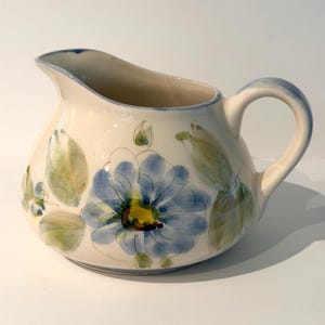Vintage Secla Portugal Pottery Pitcher • Hand Painted Blue and Green Floral • Squat Ceramic Jug • Cottagecore Folk Art Creamer Vase