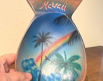 Vintage handbeschilderde Hawaiiaanse ananas houten kom • Tropische tiki kitsch uit de jaren 70/80