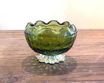 Mid-Century Avocadogrüne "Duette" Glasschale von Indiana Glass - Vintage 1960er Jahre Bonbonschale/Rosenschale mit Fuß."