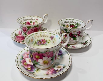 Filiżanka i spodek w stylu vintage Royal Albert Kwiat Miesiąca • Porcelana kostna w kształcie Montrose Wyprodukowano w Anglii • Wybierz październik, listopad lub grudzień
