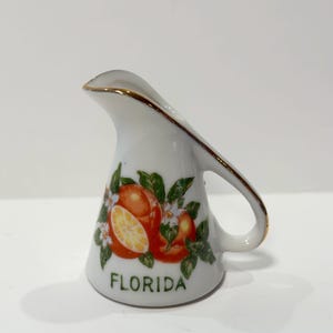Vintage Florida Souvenir Mini Pitcher Creamer • 1950s Mid Century Orange Blossom Citrus Ceramic Jug • Retro Sunshine State Kitsch Decor