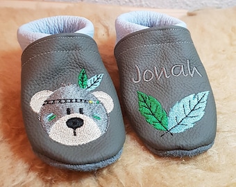 Lederpuschen Krabbelschuhe Babyschuhe Hausschuhe Boho Indi Bär Federn