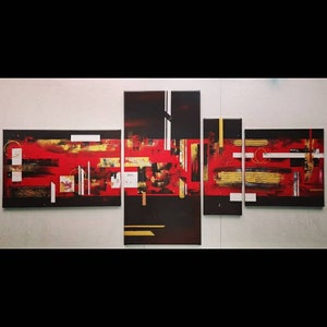 May include: Abstract art painting in red, black, gold, and white. The painting is divided into four panels, each with a different design. The panels are arranged in a horizontal row.