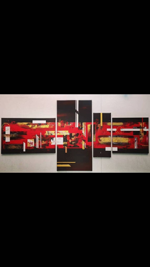 4 Piece Abstract Painting Large Wall Art Gold Acrylcolor | Etsy