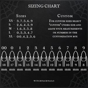 May include: Sizing chart for custom nail tips, showing different sizes in millimeters. The chart includes a section for custom sizes, with instructions to select "Custom" under size and leave measurements or numbers in the customization box.