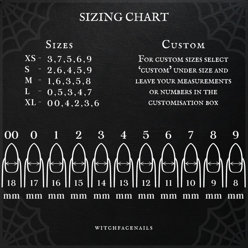 May include: Sizing chart for custom nail tips, showing different sizes in millimeters. The chart includes a section for custom sizes, with instructions to select "Custom" under size and leave measurements or numbers in the customization box.