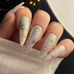 Press on Nails, opal press ons, celestial press ons, Iridescent, moons, moon nails, glitter press ons, milky, silver and gold moons, vegan