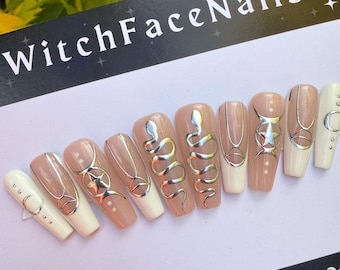 Press on nails, White, nude, Silver, moon nails, snake press on nails, pagan nails, witchy nails, gothic press on nails, goth nails, snakes