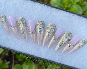 Press On Nails, Raised hand painted gems, Opal, Turquoise, Gold Chrome, Pink French, Wedding, Crystals, Custom, Fairy, Faerie Core, Vegan