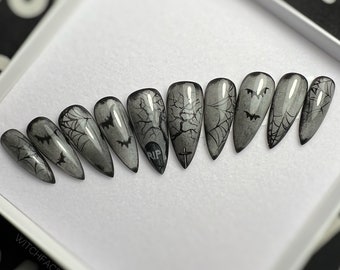 Black, Grey Press on nails, Halloween, Spooky, Graveyard, Tombstones, Bats, Bat Stick ons, Witches, Witchy, Creepy, Moon, Cobwebs, RIP, Goth