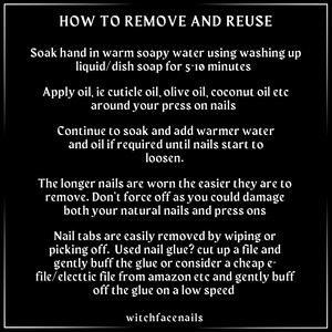 May include: A black and white graphic with instructions on how to remove and reuse press-on nails. The text reads "How to Remove and Reuse" and includes steps like soaking nails in soapy water, applying oil, and gently buffing off the glue.