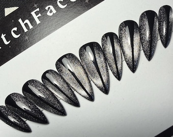Press on nails, Ready to Ship, Size Medium, Length Medium Stiletto,Black and Silver Cat eye Stick ons, Black stripe details, Velvet cat eyes