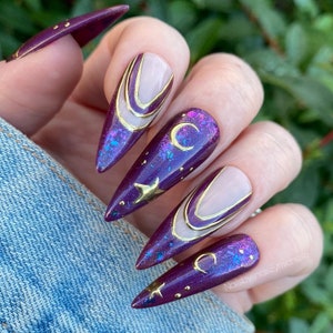 Press on nails, purple press ons, blue press ons, witchy press ons, celestial press ons, moons and stars, galaxy, French, moon nails, vegan