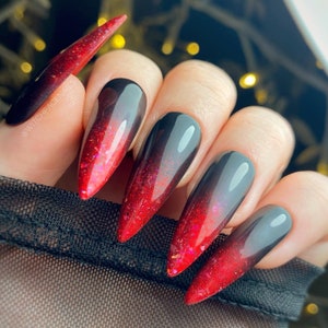 Press on nails, ombré press ons, iridescent press on, black nails, red nails, stick on nails, fake nails, short press on nails, long nails