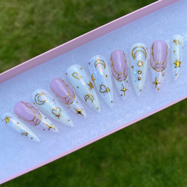 White Moon Press on Nails Can Be Customised Etsy