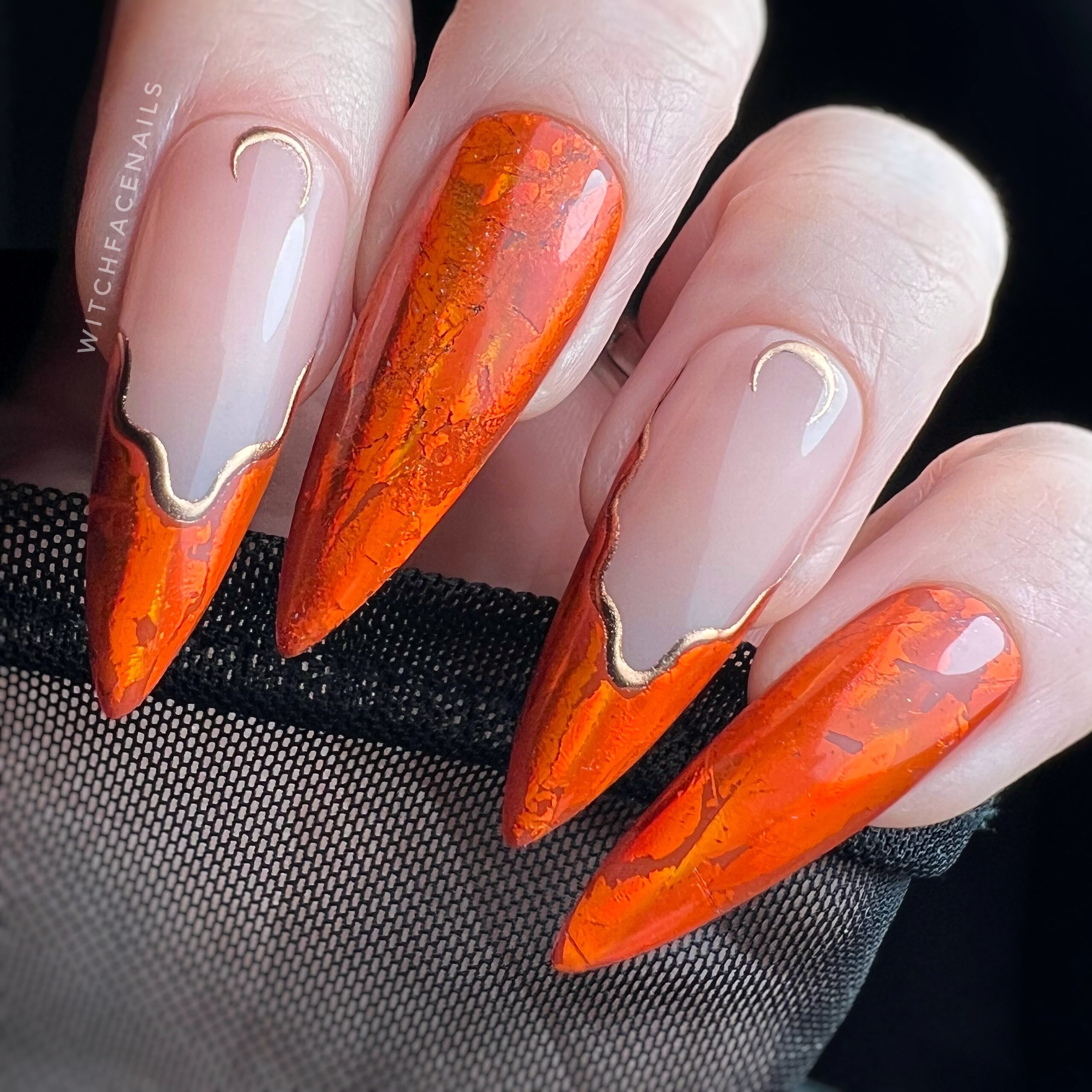 Press on nails, orange holographic press ons, French press on nails, Moon press on nails, Chrome, hand painted, custom press on nails, moons