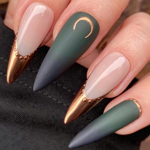 Press on nails, green and black ombré, snake press ons, chrome press ons, moon nails, Matte, glossy, witchy press ons, stick on nails, moons