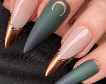 Press on nails, green and black ombré, snake press ons, chrome press ons, moon nails, Matte, glossy, witchy press ons, stick on nails, moons