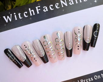 Press on nails, Black pink French, Silver chrome snakes, stars and moon hand painted, Gothic and Witch stick ons, Reusable and customisable
