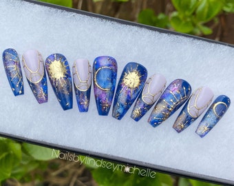 Press on nails, celestial press ons, sun and moon press on nails, navy, purple and gold, witchy press ons, stick ons, moon press on nails