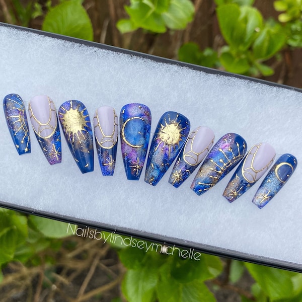 Press on nails, celestial press ons, sun and moon press on nails, navy, purple and gold, witchy press ons, stick ons, moon press on nails