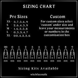 May include: Sizing chart for custom press-on nails. The chart shows different sizes in millimeters, ranging from 8 to 18 mm. The chart also includes instructions for ordering custom sizes.