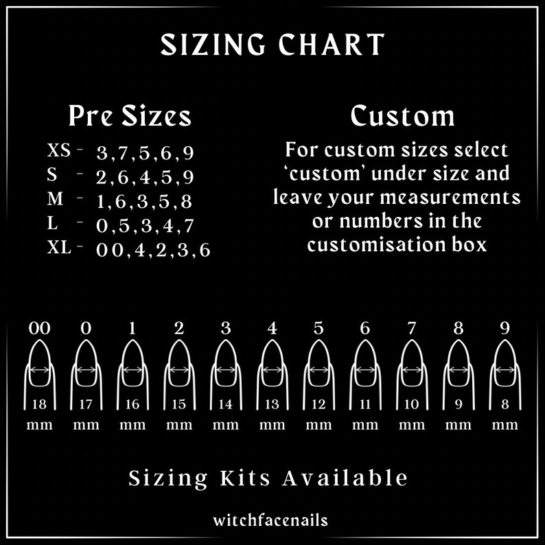 May include: Sizing chart for custom press-on nails. The chart shows different sizes in millimeters, ranging from 8 to 18 mm. The chart also includes instructions for ordering custom sizes.
