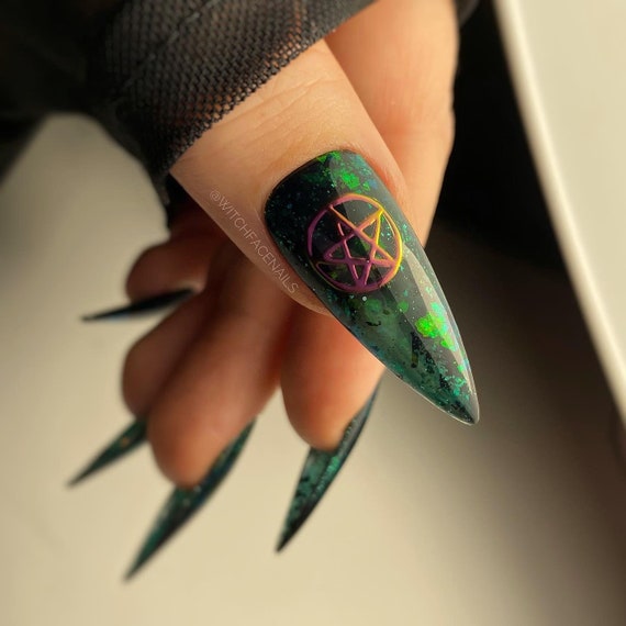 Green Witch Press on Nails Green Jelly Iridescent Colour - Etsy UK