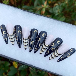 Press on nails, moon press ons, black and white stripes, gothic press ons, gold chrome nails, French nails, witchy press ons, stick on nails