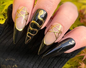 Press on nails, gothic press ons, witchy press ons, pagan, pentagram nails, pagan witch, snake press ons, moon nails, black press on nails