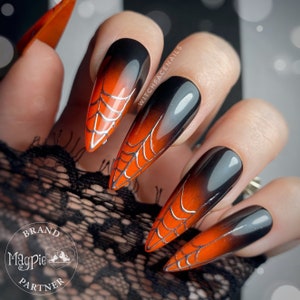 Press on nails, gothic press ons, ombré nails, orange ombré, silver webs, stick on nails, witchy press ons, alt press ons, chrome press ons