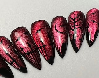 Red Cat Eye Press on Nails, Black graveyard, Halloween, Spooky bats, tombstone glue ons, Creepy trees, Witches, Witchy, Crecent Moon, Scary