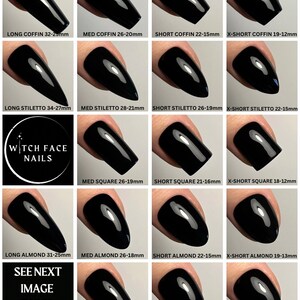May include: A chart showing different nail shapes and sizes, including long coffin, long stiletto, long almond, med coffin, med stiletto, med square, med almond, med round, short coffin, short stiletto, short square, short almond, short round, x-short coffin, x-short stiletto, x-short square, x-short almond, and x-short round. The chart includes the measurements for each shape in millimeters.