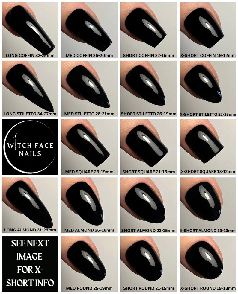 May include: A chart showing different nail shapes and sizes, including long coffin, long stiletto, long almond, med coffin, med stiletto, med square, med almond, med round, short coffin, short stiletto, short square, short almond, short round, x-short coffin, x-short stiletto, x-short square, x-short almond, and x-short round. The chart includes the measurements for each shape in millimeters.
