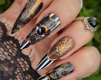 Press on nails, Halloween nails, gothic press on nails, goth press on nails, custom nails, witchy press on nails, vintage press ons, cobwebs