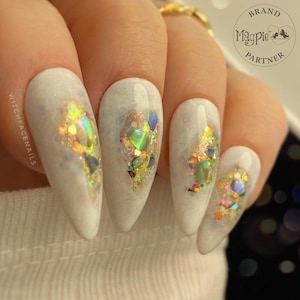 Press on nails, milky white, crystals, shells, glitter press ons, mermaid, fae, faerie, fairycore, witchy, wedding, custom, short, stick ons
