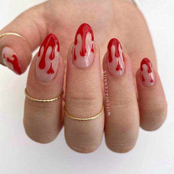 Red drip press on nails, bloody heart French, Halloween, spooky, reusable false nails, blood drips, gothic stick ons, custom